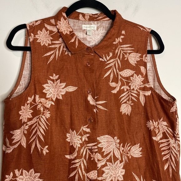 Garnet Hill | Women’s Brown Floral Linen Sleeveless Button Down Dress Size 10 - Picture 3 of 6